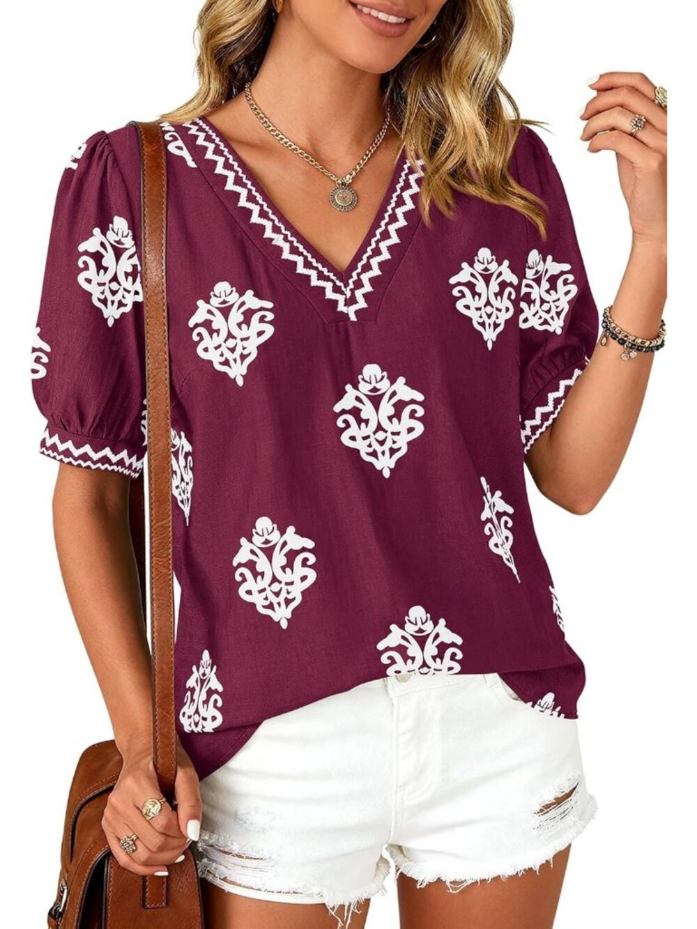 Women's Wine Red White Flower Short Sleeves V Neck Boho Blouses Beach T Shirts